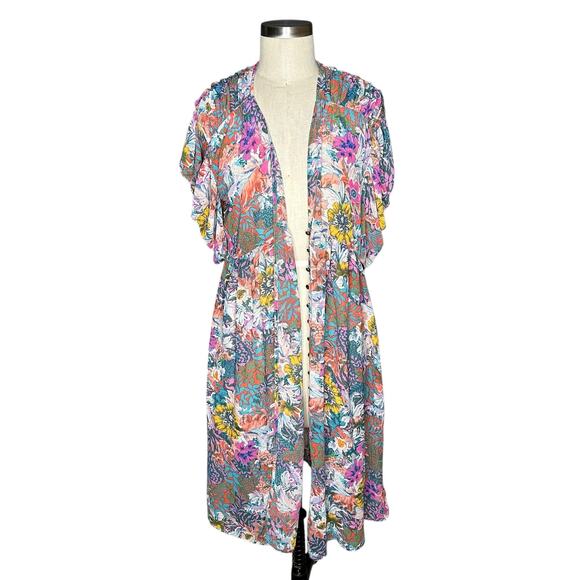 AKEMI + KIN Colorful Button Front Sheer Floral Midi Dress Kimono Size Medium - Picture 2 of 8